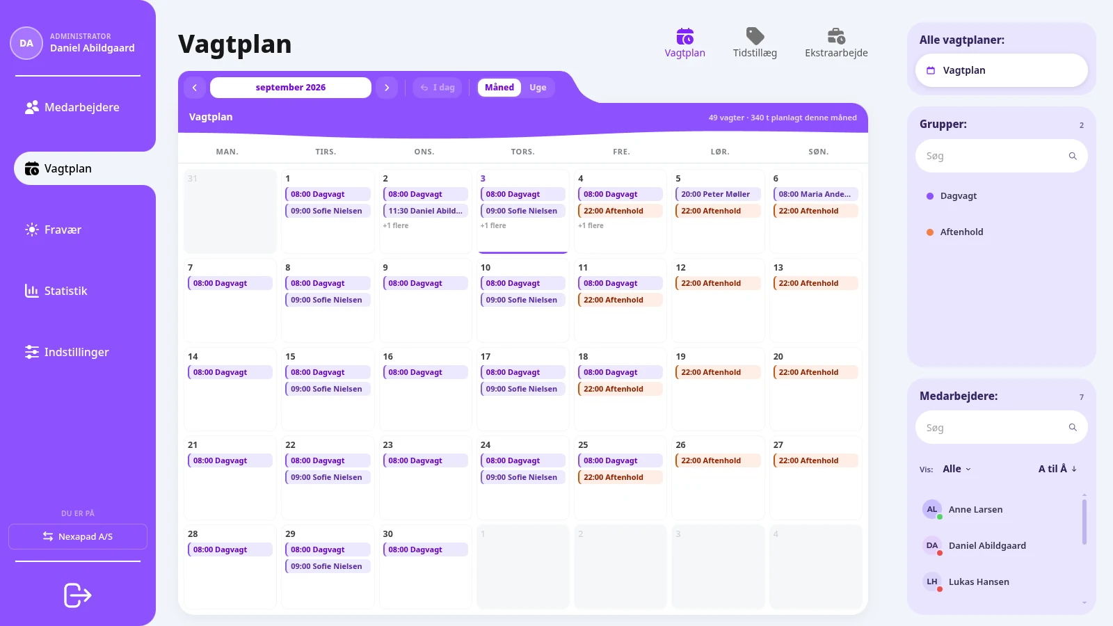 En måned i Nexapads vagtplan. Med dagvagter, aftenvagter, grupper og medarbejdere.